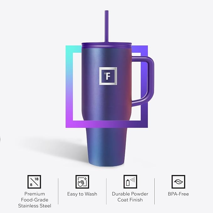 IRON °FLASK 32 oz Co-Pilot Insulated Travel Mug | Insulated Travel Mug with Straw & Flip Cap Lids - Cup Holder Fit, Leakproof, BPA Free (Midnight Black)