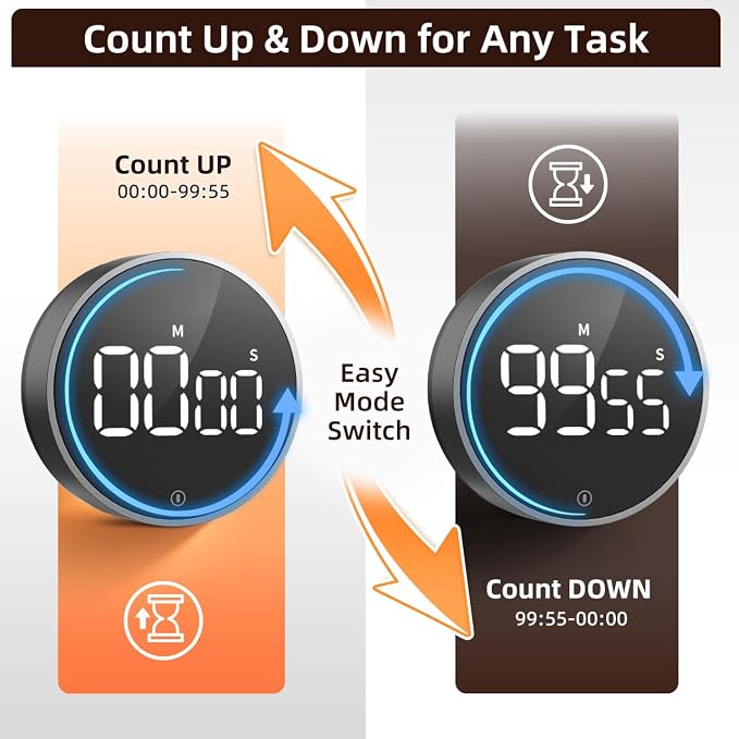 Digital Magnetic Kitchen Timer & Stopwatch with LED Display, Space Gray | Up to 99:55 Countdown & Count Up , Easy Twist Control, Adjustable Volume & Brightness, Magnetic Back, Battery Powered