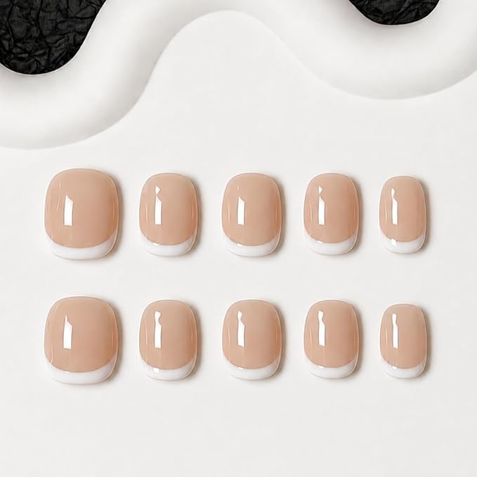 Handmade Press on Nails Short Almond Nude White French Tip Fake Nails Glossy Full Cover Muti-Layer Gel Acrylic Nail Natural & Elegant Style Thick False Nail Solid Color Stick on Nails for Women (S)