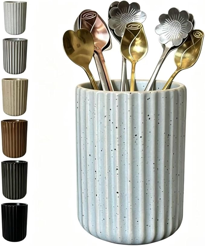 TOPYOKK Stoneware Coffee Bar Utensil Holder Tea & Coffee Spoon & Stirrer Holder for Stir Stick Straw Teaspoon Holder Espresso Spoon Cup Small Utensil Jar Fluted Vertical Stripe (Speckled Blue Grey)