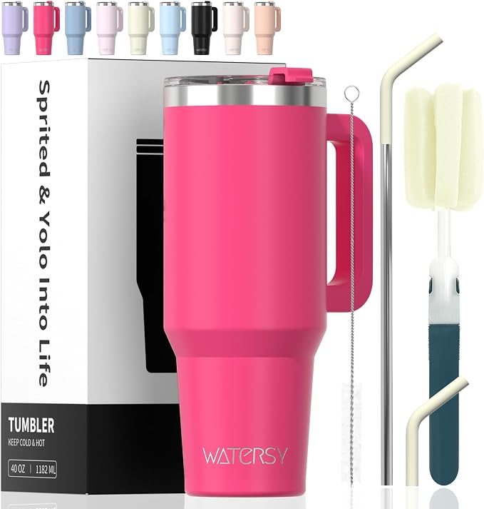 40 oz Tumbler with Handle,Tumbler with Lid and Straw,Double Wall Insulated Cup Stainless Steel Travel Mug(Cold for 34 Hours),Water Bottle for Iced Tea,Coffee,Cold Beverages(Gloss Pink)