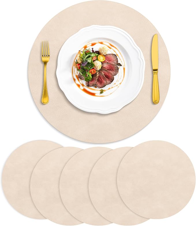 ADRIMER Placemats, Heat Resistant Round Placemats Set of 6 Washable, Waterproof Table Mats, Wipeable Faux Leather Place Mats for Kitchen, Dining Room, Beige