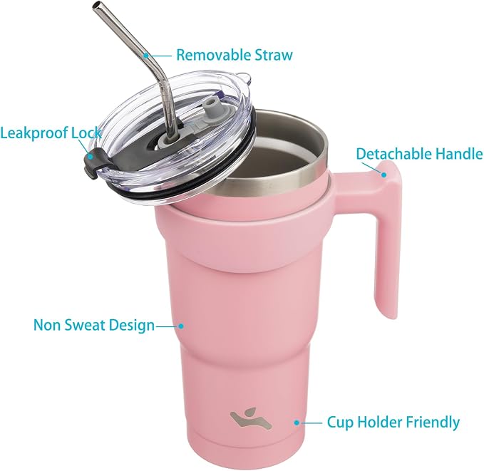 Konokyo 20 oz Tumbler with Handle and Straw, Insulated Travel Mug | Light Pink; BPA-free, leak-proof tumbler with 2 lids, 2 straws, cup holder fit for coffee, office, travel & daily use