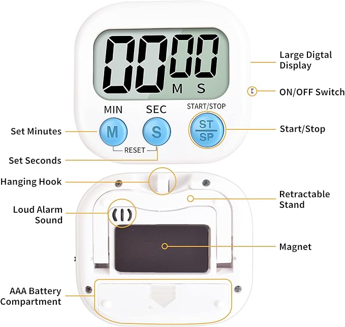 Timer for Kids,KitchenTimer Digital,Magnetic Back,Loud Ring,Stand for Cooking,Classroom,Bathroom,Teachers,Kids(White), (JS-118)