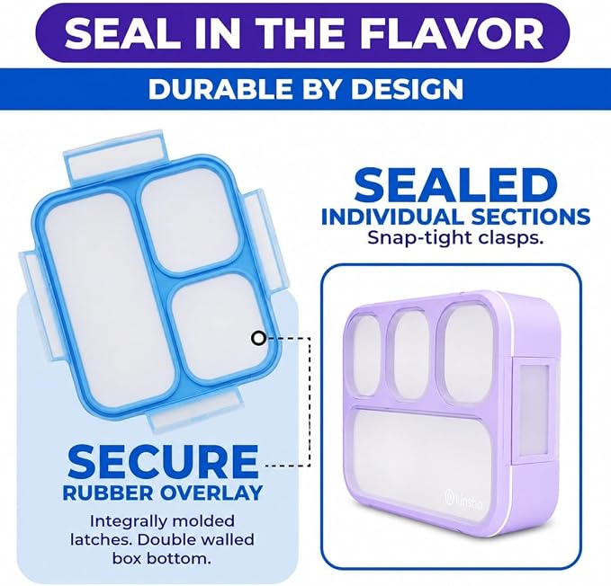 Bento Lunch Box for Kids or Adults, Snack Containers for Boys, Girls, School Daycare Work, 3 & 4 Divided Compartments Meal Planning Portion Control, BPA-Free Boxes, Utensils | Blue Purple 2 Pack