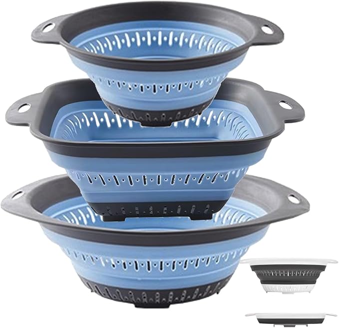 Collapsible Colander and Strainer,Silicone Strainer Colanders & Food Strainers,for Vegetable and Fruit, Kitchen Essentials (3, Blue, 1.3L+2.1L+2.5L)