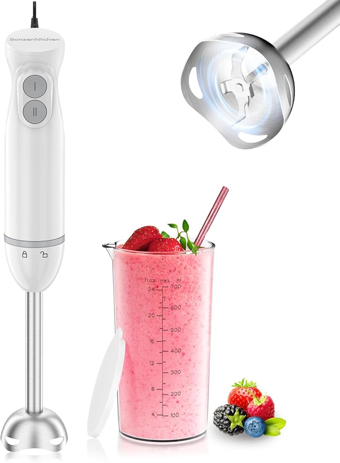 Bonsenkitchen Hand Blender,2-In-1 Emulsion Handheld with 2 Mixing Speeds | 24oz Beaker, Immersion Blender,Ergonomic Handle Stick Mixer for Baby Food,Smoothies, Soups & Sauces