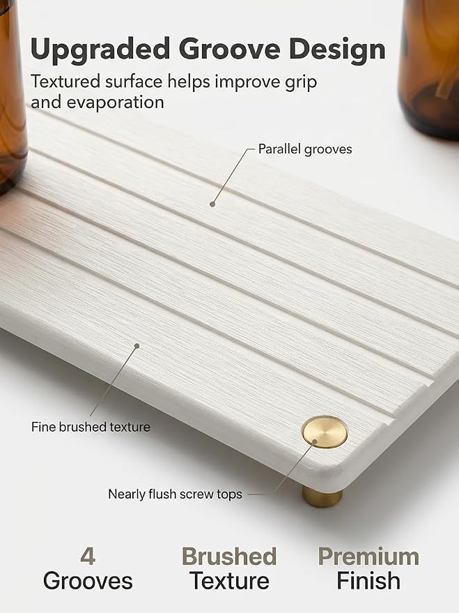 Instant Dry Sink Caddy Kitchen Sink Organizer, Quick Drying Stone Tray Diatomite Sponge Holder Soap Dish, Bathroom Countertop Fast Dry Water Absorbing Vanity Rack, Gold White, 12" x 5"