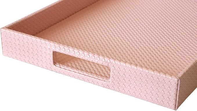 HofferRuffer Rectangle Serving Tray with Hole Handles for Coffee Table, Breakfast, Tea, Food, Butler - Countertop, Kitchen, Vanity Serve Tray, 16.2 x 12.2 x 2 inches, Faux Leather (Pink)