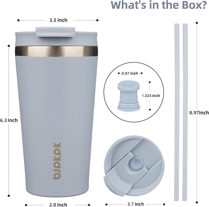 BJPKPK 18 oz Coffee Tumbler with Straw, Insulated Stainless Steel Cup | Double Wall Vacuum, Leak Proof, Keeps Hot/Cold, BPA Free, Dishwasher Safe, Cupholder Friendly, Travel, Modern Blue