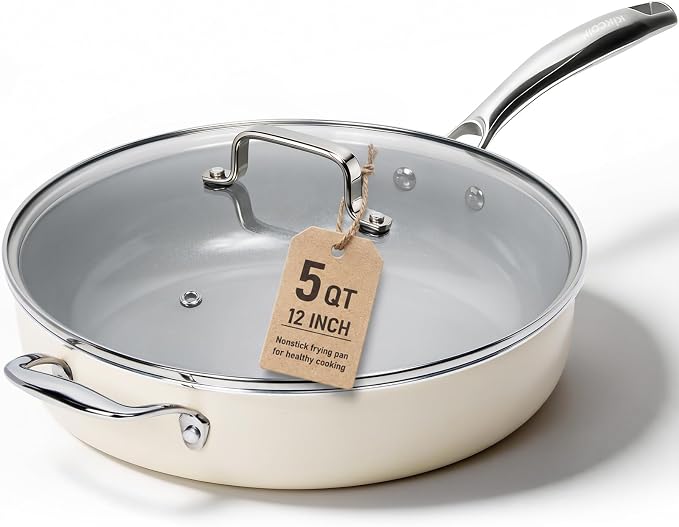 Kikcoin 12 Inch Ceramic Nonstick Frying Pan with Lid, 5 QT Deep Saute Pan for Cooking, Induction Ready Skillet with Stay Cool Handle, PFAS/PTFE/PFOA Free, Oven & Dishwasher Safe
