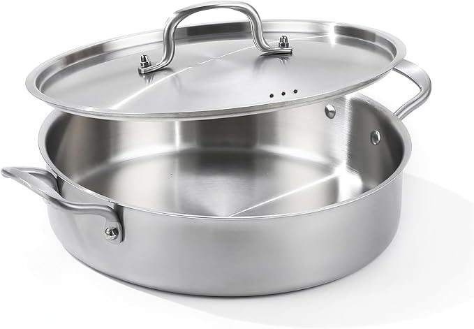 Yeksum Deep Frying Pan with Lid, 6 Quart Tri-Ply Stainless Steel Saute Pan, 12inch Saute Pan with Lid, Rondeau Pot Compatible with All Cooktops Up to 600℉