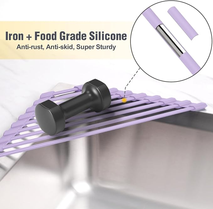 Tomorotec Triangle Roll Up Dish Drying Rack with Silicone Coating, Purple | 304 Stainless Steel with BPA-Free Silicone, Triangle Design Maximizes Sink Corner Space, Fits Compact Kitchens And RVs