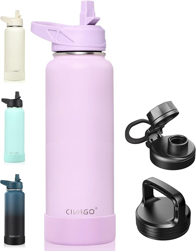 CIVAGO 40 oz Insulated Stainless Steel Water Bottle With Straw and 3 Lids | Large Metal Sports Water Jug, Leakproof Reusable Wide Mouth Thermal Flask Cup with Silicone Boot, BPA-Free, Lavender