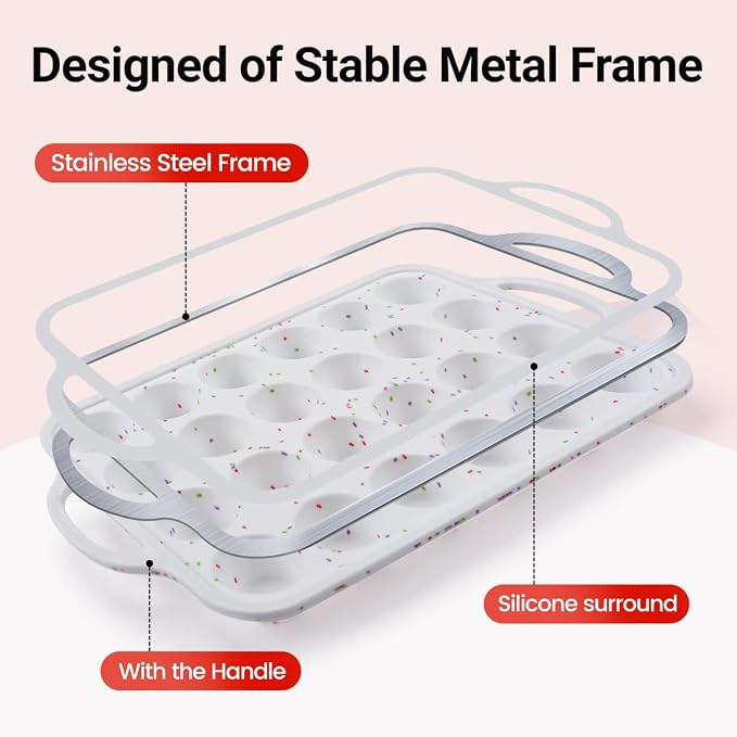 CAKETIME Silicone Mini Muffin Pan, Metal Reinforced Frame 24 Cups Cupcake Pan with Handle Nonstick for Baking Muffins, Cupcakes, Egg Bites
