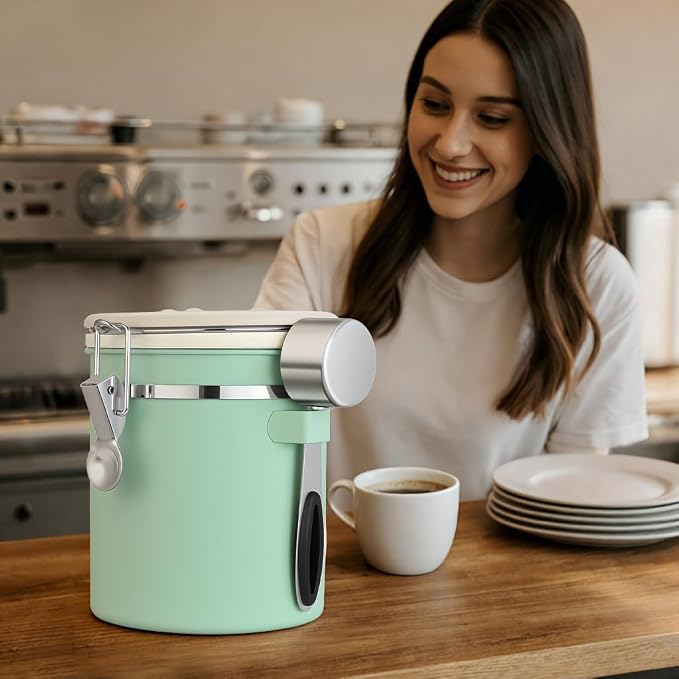 ShanSon Coffee Canister Airtight, Stainless Steel Bean Storage Container with Date Tracker & Scoop, Grounds Sugar Flour Tea Cereal Fits Kitchen Pantry, Ideal Gift for Coffee Lovers,12oz,Green