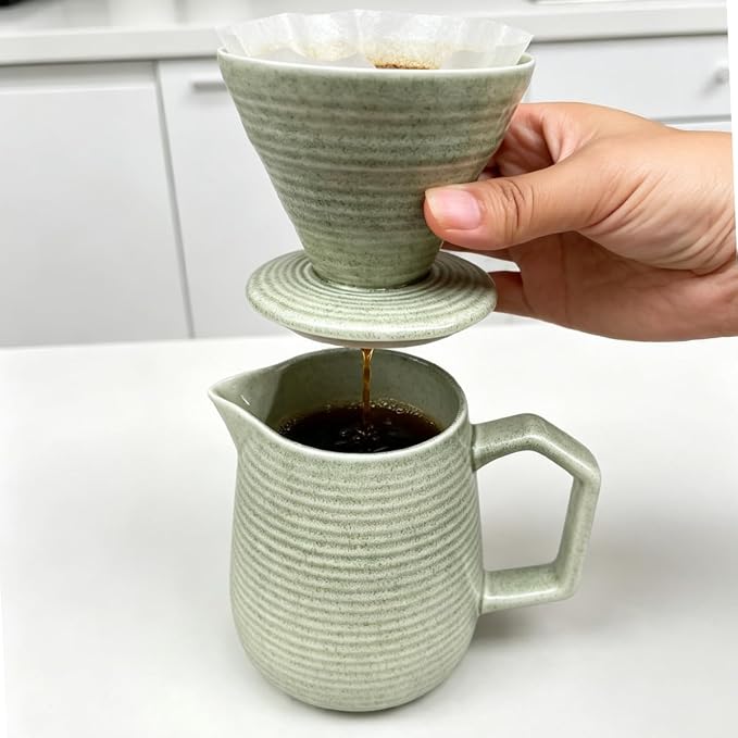 pour over coffee maker - Ceramic Dripper Pot, Heat-Resistant & Easy Clean | Manual Slow Drip Coffee Brewer for Office, Home, Camping 1-3 Cup Pour 20 coffee filters