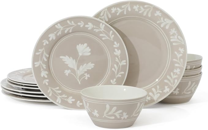 Martha Stewart Dinnerware Set - Maiden Crown 12-Piece Dish Set, Taupe – New Bone China Ceramic Plates & Bowls – Floral Design – Service for 4 – Microwave & Dishwasher Safe