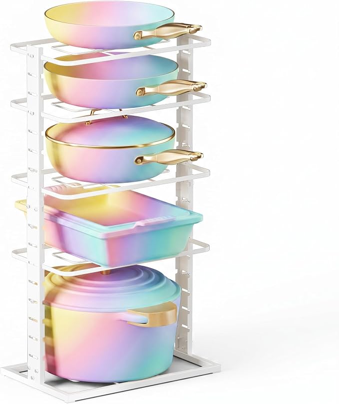 LAMU Pots and Pans Organizer Under Cabinet, 5 -Tier Dual-Pillar Design | Adjustable All-Metal Rack Stores Pots, Pans And Lids in Cabinets, on Countertops or Under Sinks, Holding Up to 55 Lb White