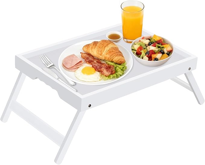 Artmeer FSC 100% Bamboo Bed Tray with Folding Legs, X-Large, White | Large FSC 100% bamboo bed tray with folding legs, handles and raised edges for meals, laptops, reading and serving.