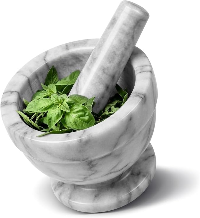 Flexzion Mortar and Pestle Set, White - Solid 4 inch Heavy Granite Molcajete Stone Grinder Crusher Bowl for Guacamole, Herbs, Spices, Garlic, Medicine Pills, Grain, Kitchen, Cooking | Crush Herbs, Spices and Garlic or Prepare Guacamole In a Compact Gri...
