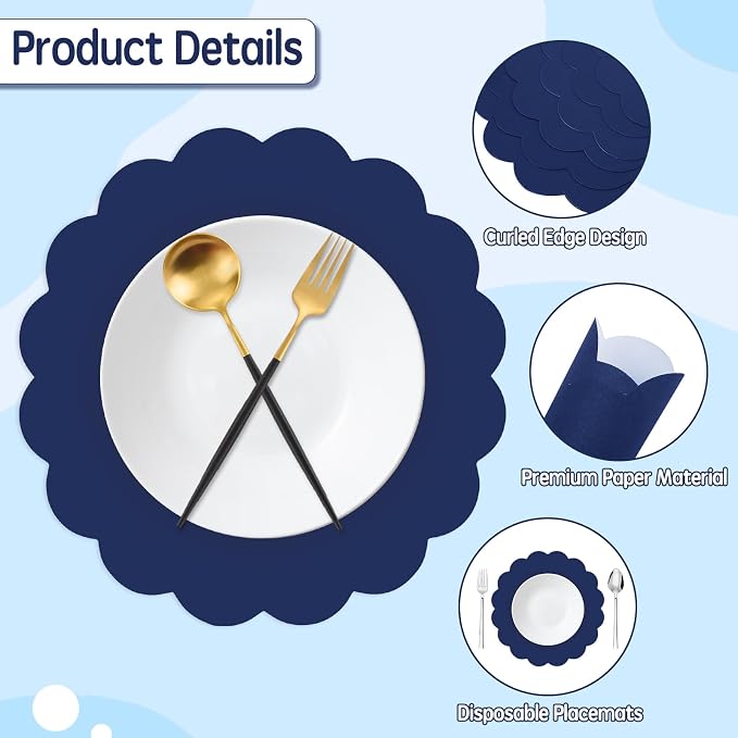 50 Pcs Navy Blue Paper Placemats Disposable, 13.5 Inch Blue Disposable Scalloped Placemat Decorative Placemats for Birthday Wedding Baby Shower Banquet Tea Party