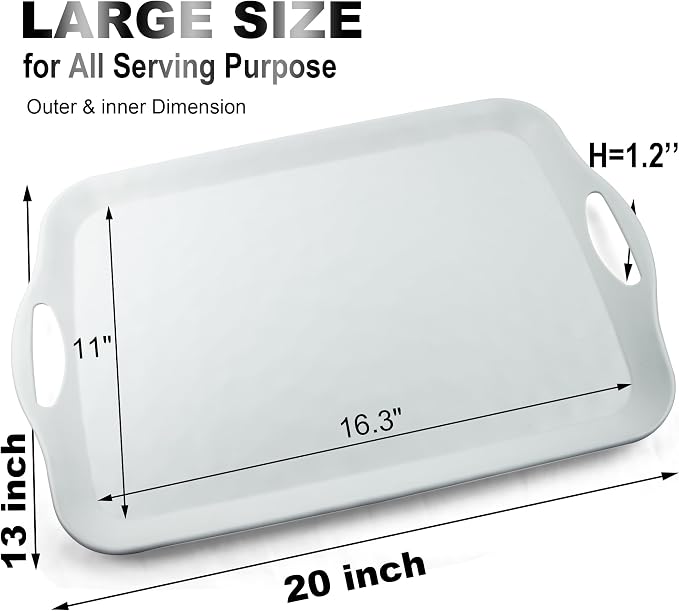 ECOIOU Extra Large Serving Tray with Handles, 20x13 inch, Set of 2 Melamine Platters for Serving Food, Turkey, Cookie, Rectangular Trays for Eating, Raised Dots Matt Finished, Dishwasher Safe, White