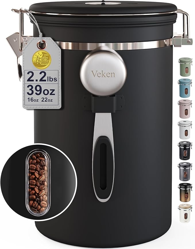Veken Coffee Canister with Window, 39OZ Large Airtight Stainless Steel Jars | Kitchen Food Storage Pantry Container for 2.2lbs Beans,Ground,Espresso,Rice,Tea,Sugar,Bar Accessories,Gifts,Lids, Scoop,Black