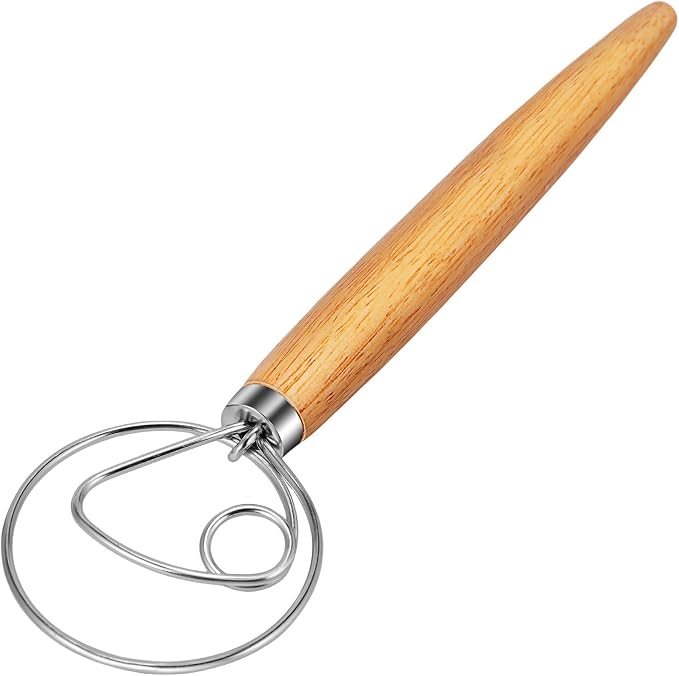 TEEVEA Danish Dough Whisk Wooden Handle Stainless Steel for Sourdough Bread | Dutch Dough Hook, Replaces Hand Mixer and Spoon, Bread Baking Tool, Food Grade Rust Resistant Steel, Non-Stick, Easy to Clean