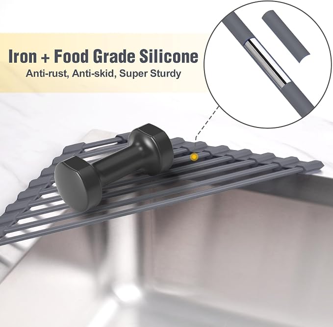 Tomorotec Roll Up Dish Drying Rack with Silicone Coating, Deep Gray | 304 Stainless Steel with BPA-Free Silicone, Triangle Design Maximizes Sink Corner Space, Fits Compact Kitchens And RVs