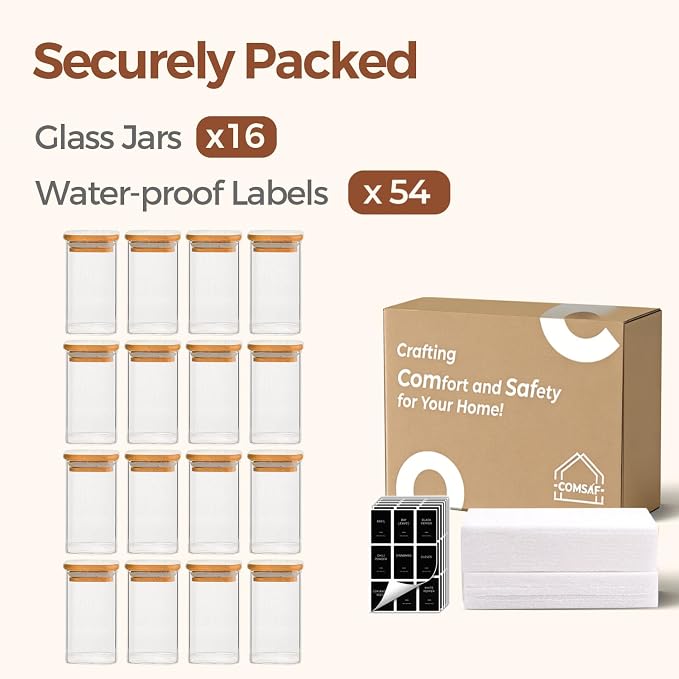 ComSaf Glass Spice Jars with Labels 10 oz 16 Pack Large Square Bamboo Lids | Empty Containers, Seasoning Herbs Powders, Salt Pepper Chili, Spice Rack Organization, Kitchen Cabinet Storage, Dry Goods