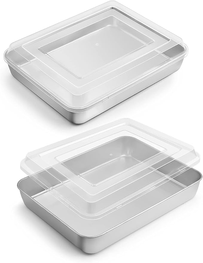 E-far Small Stainless Steel Baking Pan with Lid, 9.4 x 7 x 2 Inch for Cake | Toaster Oven Rectangle Sheet Cake Pans with Cover for Brownies Casseroles, Non-toxic & Heavy Duty, Dishwasher Safe - Set of 2