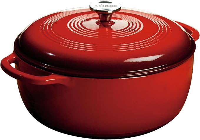 Lodge Essential Enamel Cast Iron Dutch Oven with Lid 7.5 Quart - Oven-Safe Enamel Cookware up to 500° F - Heat-Retaining Braising & Roasting Pot - Non-Toxic Cookware - Island Spice Red