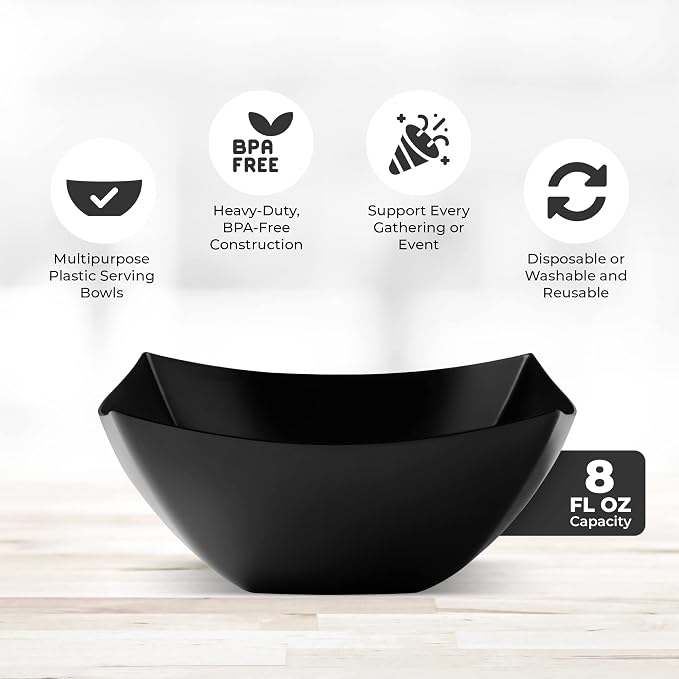 4 Pack Disposable Black Plastic Serving Bowls Square Party Candy Use 8oz | Square Design. Disposable Party Tableware. Salad, Fruit & Candy Use. Candy Buffet Containers. Black Plastic.