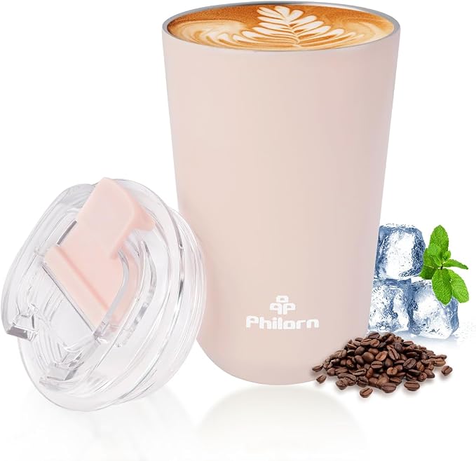 PHILORN Pink Coffee Tumbler - 12 OZ Insulated Coffee Mug With Lid | Leak Proof Thermo Cup for Hot and Iced Drinks, Stainless Steel Vacuum Pink Cup with Double Wall