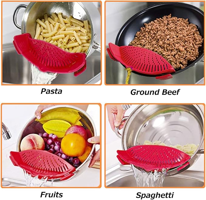 YEVIOR Clip on Strainer for Pots Pan Pasta,Silicone Food Pan Strainer | Food-grade BPA-free,Kitchen Food Strainer for Spaghetti, Pasta,Vegetable Fruits Fits All Bowls and Pots (Red)
