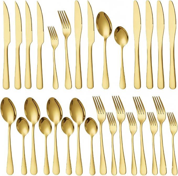 GPY 24-Piece Gold Silverware Set with Steak Knives, Flatware Set for 4 | 18/0 Stainless Steel Forks Spoons and Knives Flatware Set with Mirror Polish, Dishwasher Safe for Home Kitchen & Restaurant