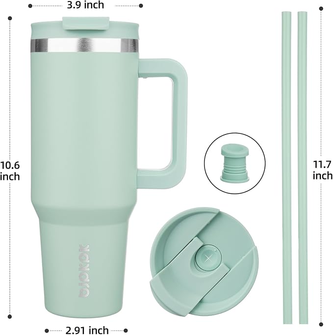 BJPKPK 40 oz Insulated Tumbler with Handle & Straw, Stainless Steel | Double Wall Vacuum Insulation, Leak Proof, BPA Free, Dishwasher Safe, Cupholder Friendly, Travel & Outdoor, Pistachio Green