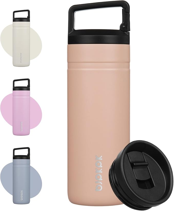 BJPKPK 20 oz Insulated Travel Water Bottle, Coffee Tumbler Stainless Steel | Double Wall Vacuum, Leakproof, Thermal, Keeps Hot/Cold, BPA Free, Dishwasher Safe, Spill Proof, Wide Mouth, 2 Lids, Peach