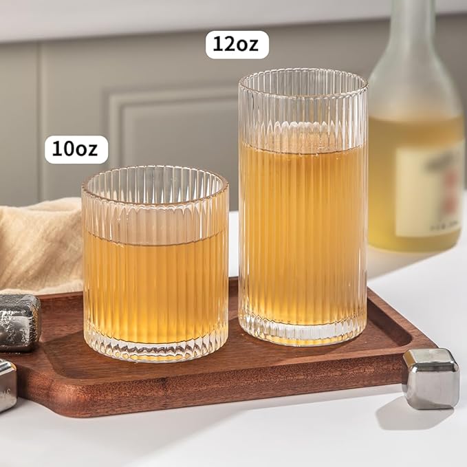 Ribbed Drinking Glasses 12pcs, 12oz and 10oz Glassware, Tumbler Glasses Cup Set for Wedding, Party, Christmas Gift, Clear
