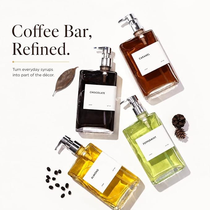 Glass Coffee Syrup Dispensers with Pumps, Syrup Bottles with Label Set - Essential Coffee Bar Accessories, 11.8 oz/350ml, Set of 4