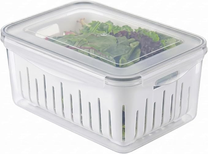 16.9 Cup Produce Saver Container for Fridge with Colander 4.0L | Airtight Fruit & Vegetable Storage Bin, Removable Strainer Basket, BPA-Free, Stackable, White Colander