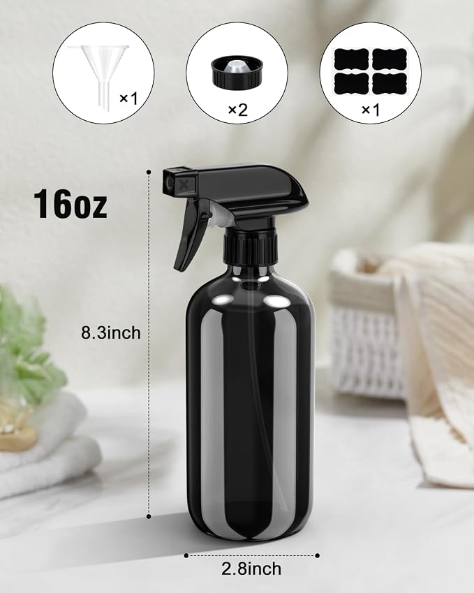 Bontip Glass Spray Bottle 16 oz for Cleaning, Plants (2 Pack, Black) | 16oz refillable black spray bottles 2 pack, BPA-free eco glass, With labels, Great for cleaners, plant misting, hair care