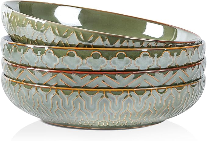 Sureasy Pasta Bowls Set of 4, 30oz Large Ceramic Embossed Bowl Plates, 8.5 Inch Wide and Shallow Plate Bowls, Salad Bowl, Microwave, Oven & Dishwasher Safe, Green