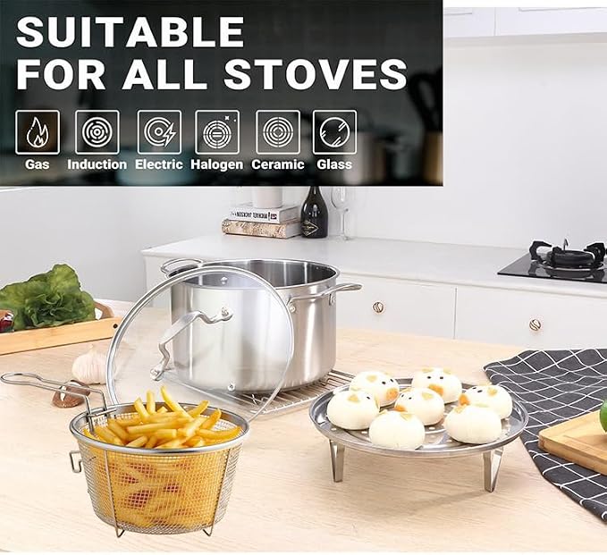 6L/6.4QT Deep Fryer Pot with Basket and Steamer Rack, Stainless Steel Stock Pot Cooking Pot for Pasta, Soup,Spaghetti, Chicken, Deep Cookware for Frying, Canning, Boiling, Simmering
