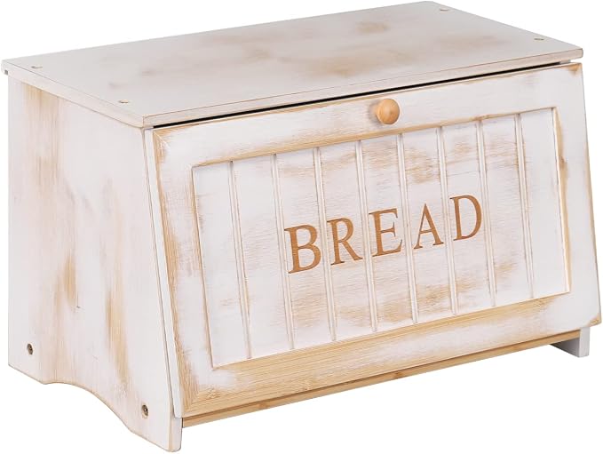 HOMEKOKO Vintage Wood Bread Box for Kitchen Counter, Food Storage Bin,White | Retro Farmhouse Style, Holds 2 Loaves, Breathable Design Keeps Bread Fresh For 3–4 Days, Suitable For Rustic/Vintage Kitchen