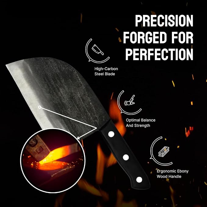 Serbian Chef Knife - 6.7 Inch Hand-Forged High Carbon Steel Full Tang Butcher Knife with Wood Handle - Razor Sharp Cooking Knife - Leather Sheath Included