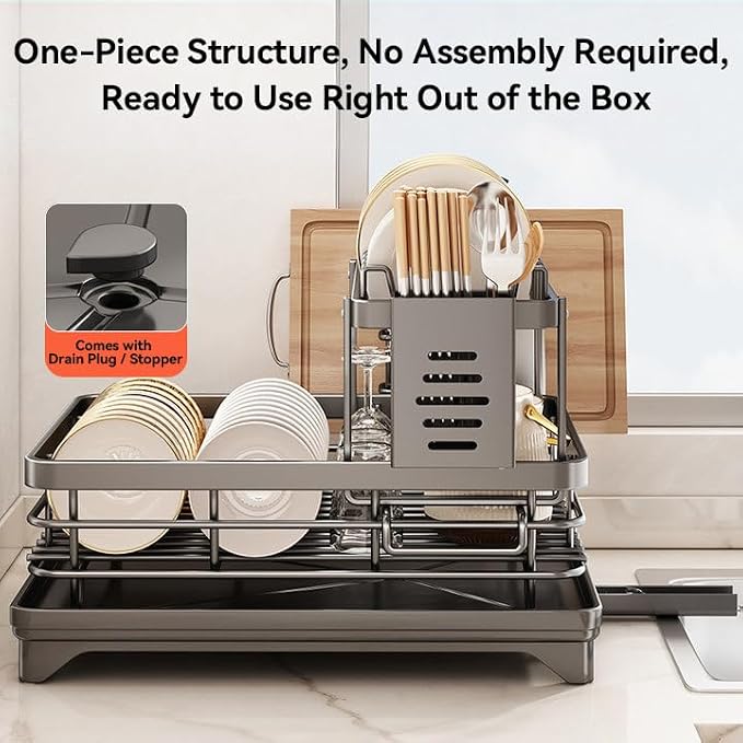 2-Tier 304 Stainless Steel Dish Drying Rack for Kitchen Counter, Gray | Dish rack separates plates, bowls, cups and utensils, while side drainage directs water toward the sink.