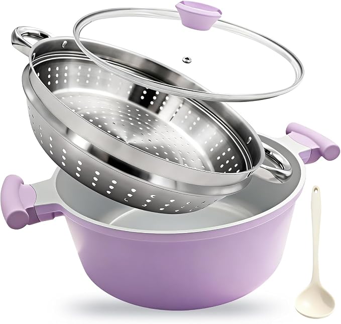 AIKENBBKK 7-Quart Steamer Pot for Cooking, Ceramic Nonstick Stock Pot with Lid, Pasta Pot for All Stoves Including Induction, Lightweight & Durable, Stay-Cool Handle, Purple