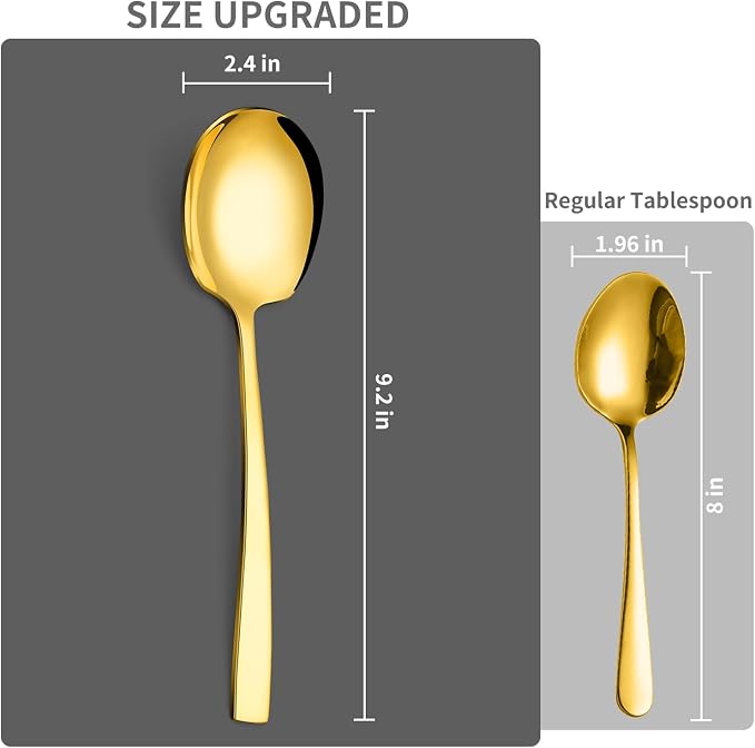 8 Piece Stainless Steel Serving Spoons Set - 8 Large Spoons, 9.2-Inch, Dishwasher Safe, for Parties/Kitchen/Buffet/Catering,Gold